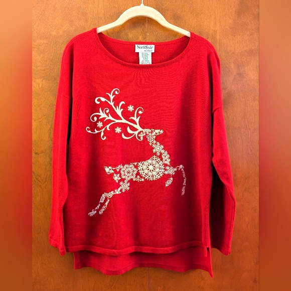 North Style Red Sweater with White Embroidered/Beaded Reindeer - Picture 2 of 4